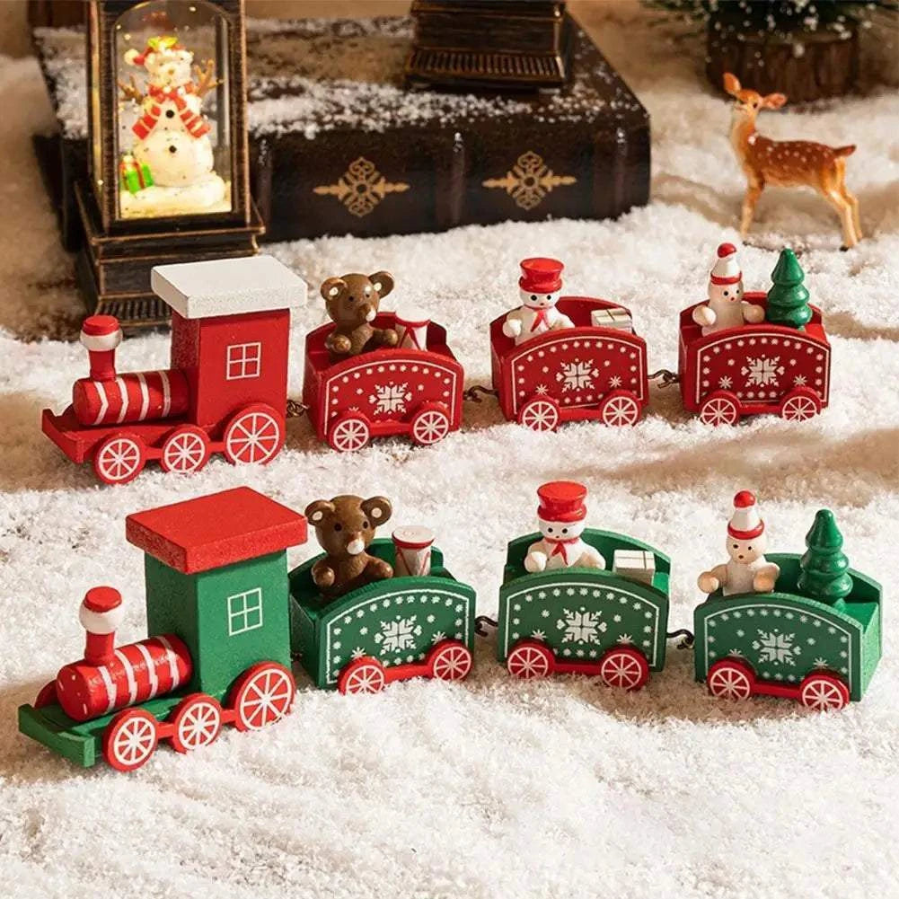 wooden Christmas train ornaments with festive red and green colors, featuring teddy bears, snowmen, and Christmas trees decorations for home holiday decor