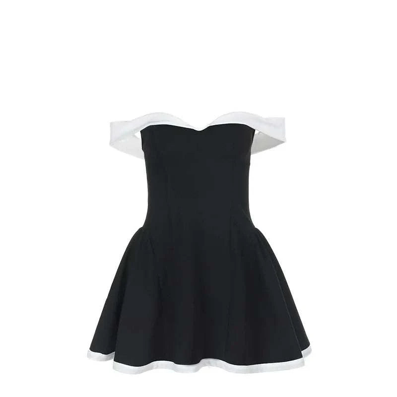 Female Clothing Women's Dresses Elegant One-shoulder Contrasting Color Design, Bust-revealing, Waist-shaping Short Skirt Dresses