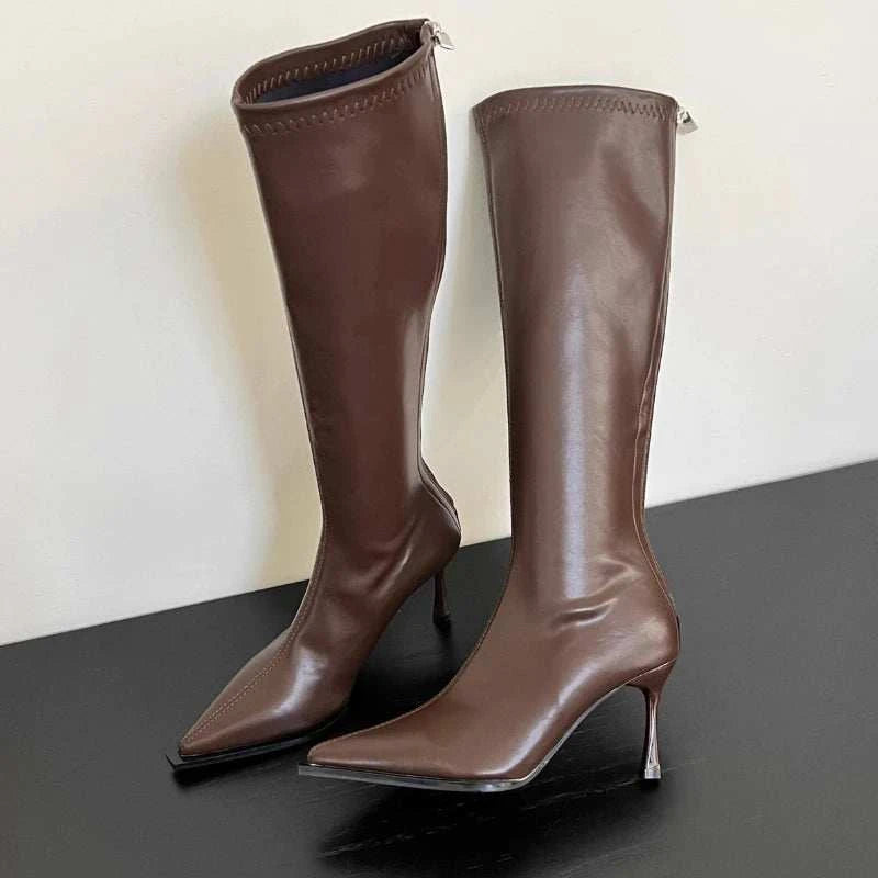 2025 New Women's High Heels Pointed Knee-length Female Boots Comfortable Stiletto Heel Soft Leather Women Shoes Zapatos De Mujer