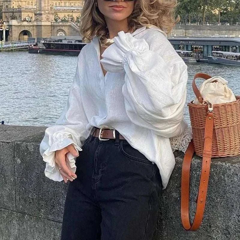 Loose oversized white lapel lantern sleeve long-sleeved women's top with V-neck and chiffon fabric in casual summer style