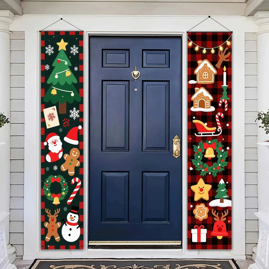 Christmas couplets door decorations featuring Santa Claus, gingerbread man, snowman, and festive holiday icons on plaid background