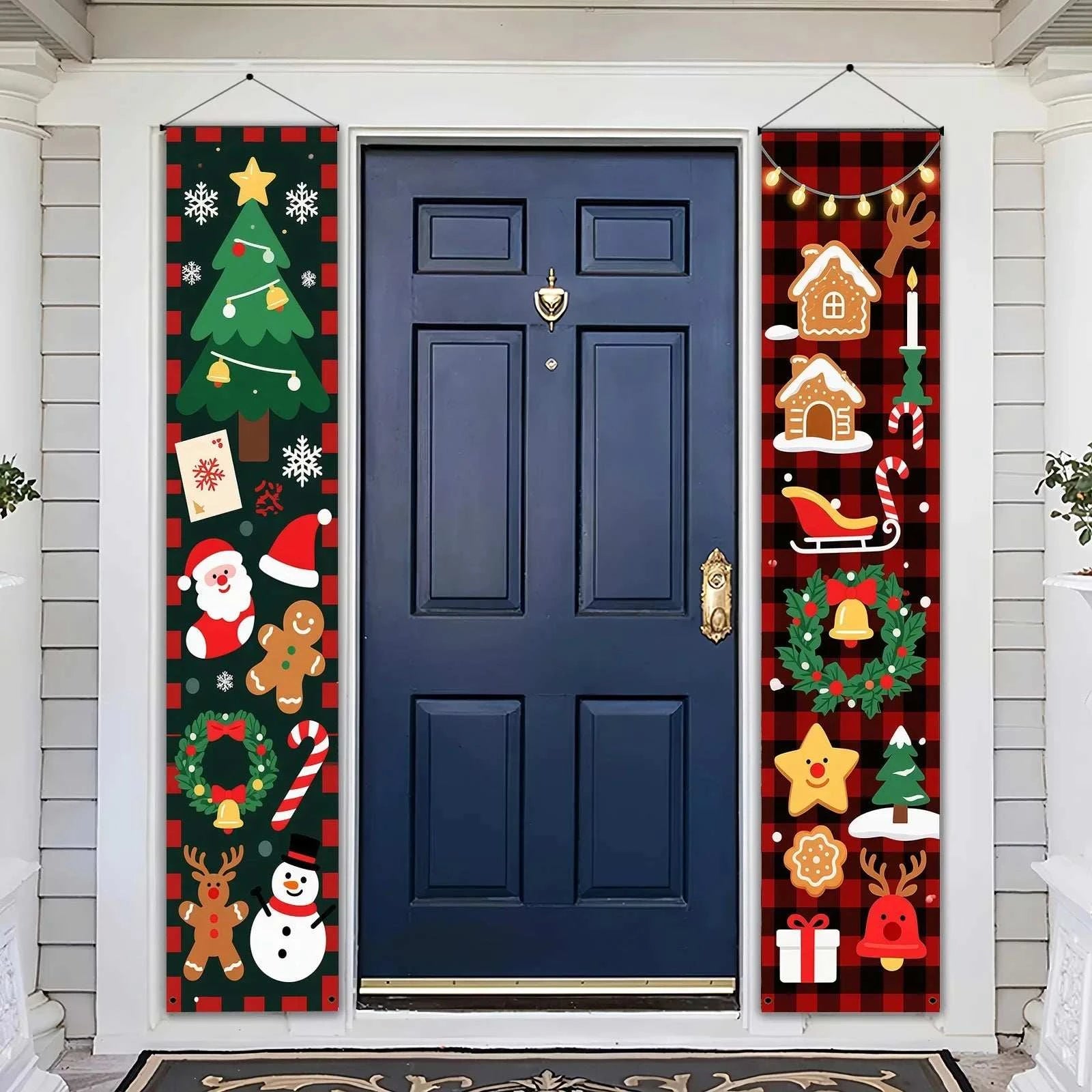 Christmas couplets door decorations featuring Santa Claus, gingerbread man, snowman, and festive holiday icons on plaid background