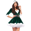 Women's Christmas dress sexy green velvet Santa costume with hood and waist tie for festive role play