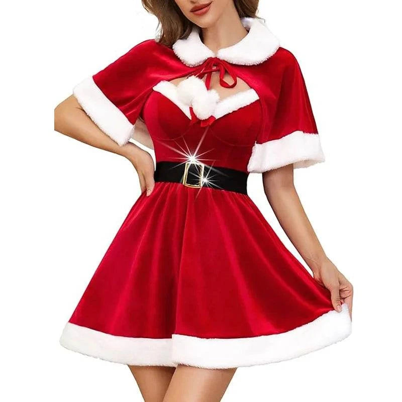 Women’s red velvet Santa Claus costume dress with white fur trim cape and black belt, sexy Christmas outfit