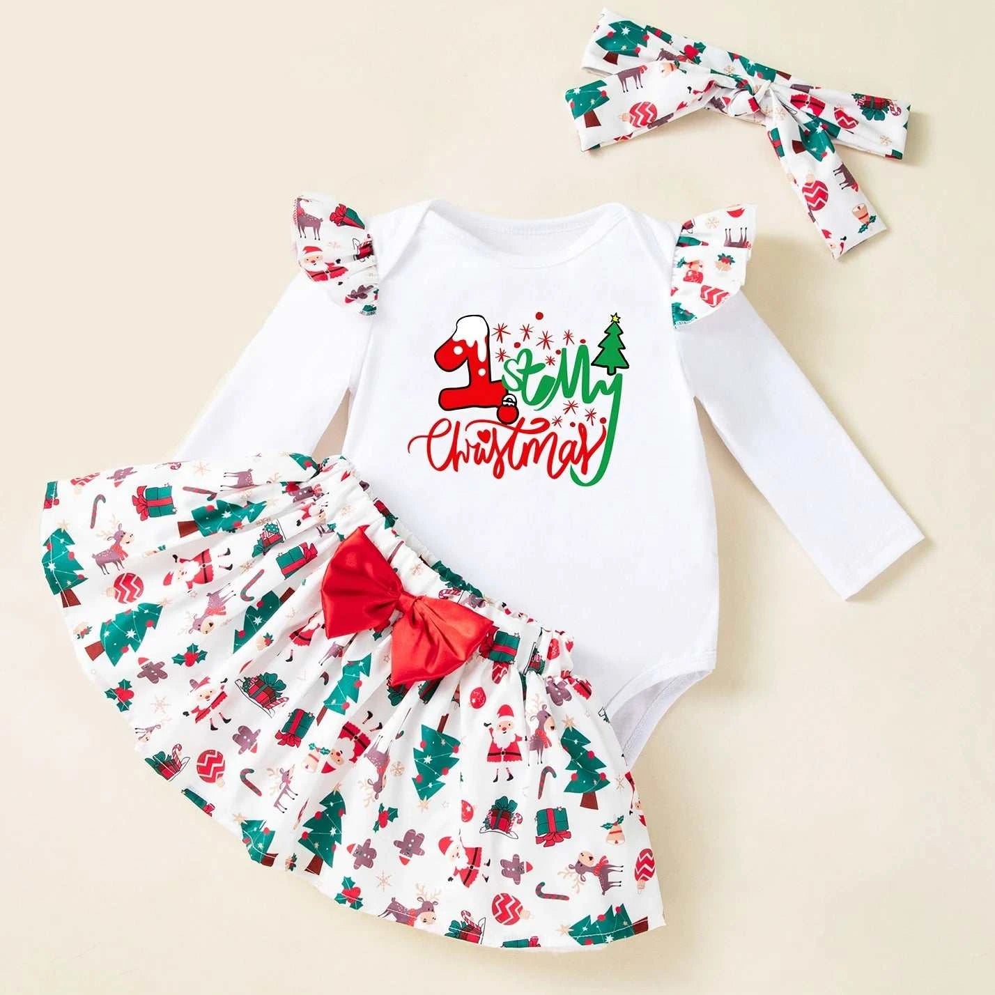 My First Christmas Outfit Baby Girl White Christmas Bodysuit Green Tree Tutu Skirt Headband First New Year Party Sweet  Clothes