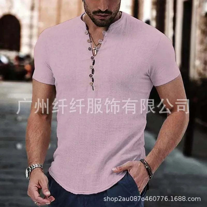 Men's Linen Casual Shirt in 2025, Simple V-neck, Summer Casual Daily Top  mens designer clothes camisas de hombre casual