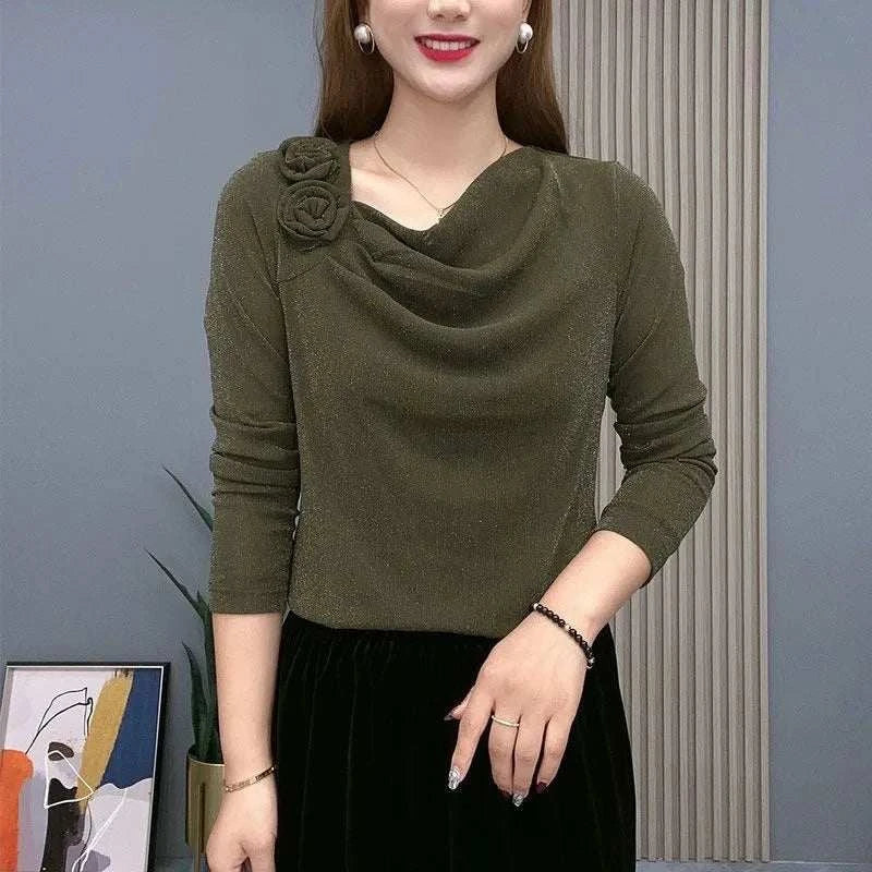 Women's Clothing Vintage Pile Collar Floral Solid Color Pullovers T-shirt  Autumn Slim Gauze Spliced Stylish Sequined T-shirt