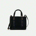 Black mini city fashionable handbag with shoulder strap and top handles, soft PU leather bucket bag for women
