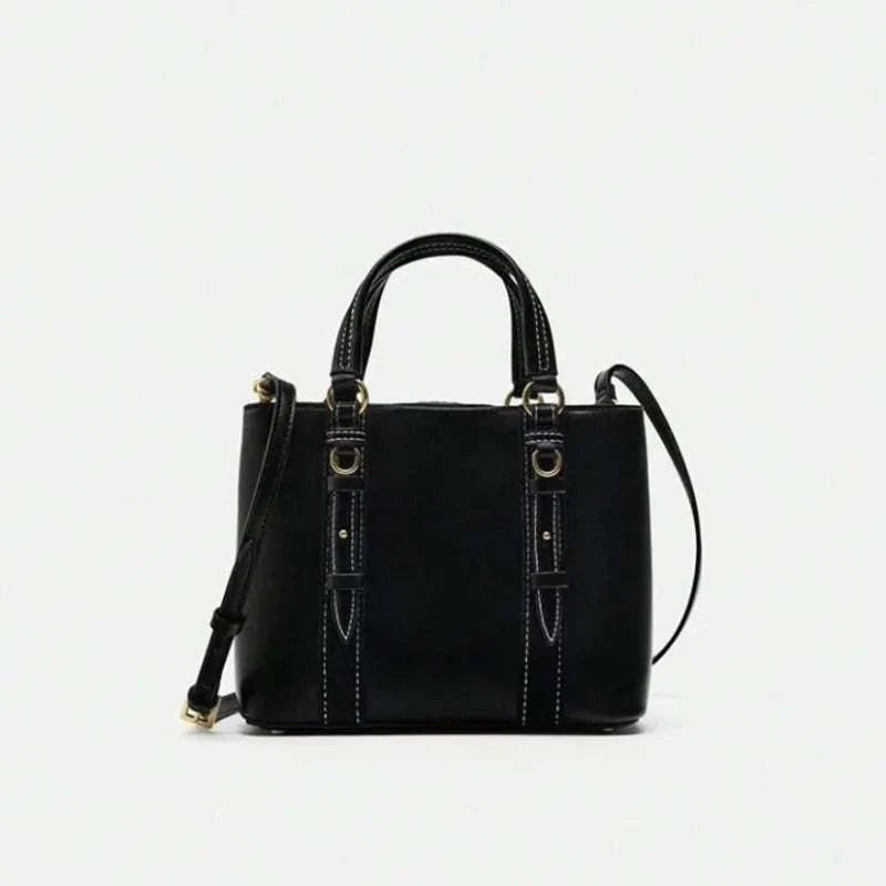 Black mini city fashionable handbag with shoulder strap and top handles, soft PU leather bucket bag for women