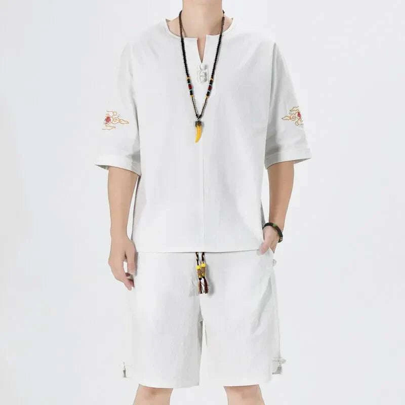 Mens Chinese Traditional Outfit - Round Collar Shirt & Shorts Set with Retro Embroidery, Breathable Linen Cotton Summer Casual