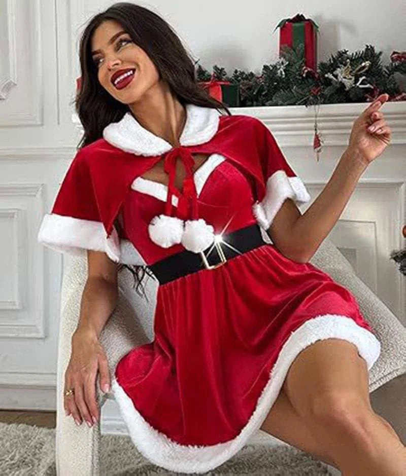 Santa Claus Costume Christmas Outfits for Women Red Sexy Christmas Dress with Cape 2Pcs Velvet Santa Costume Xmas Babydoll Furry