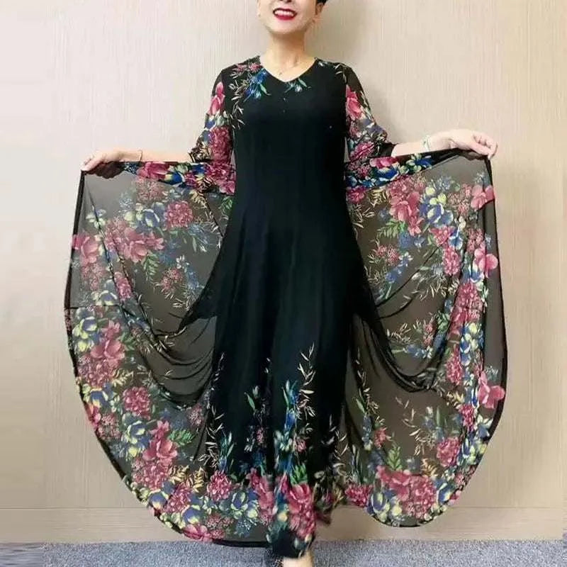 Women's Clothing Stylish Floral Printed Long Dress Summer Short Sleeve Casual Gauze Spliced Elegant V-Neck A-Line Waist Dresses