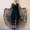 Women's Clothing Stylish Floral Printed Long Dress Summer Short Sleeve Casual Gauze Spliced Elegant V-Neck A-Line Waist Dresses