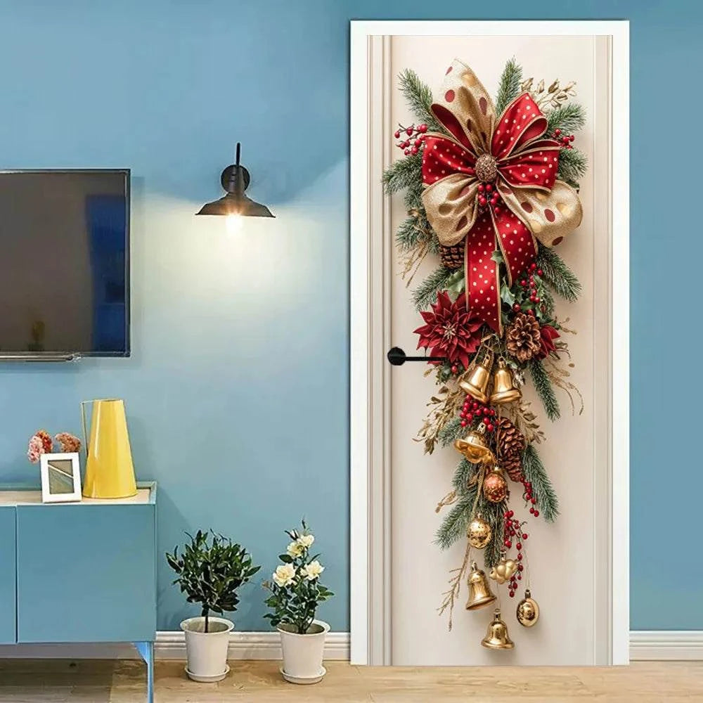 1 Christmas wall decoration - hanging decoration with red bells and green leaves - holiday room decoration, holiday design