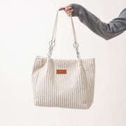 Creamy-white corduroy large capacity tote bag for autumn and winter with double shoulder straps and chain accents