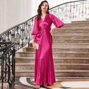 Rose red slim fit lantern sleeve evening dress for plus size party wear