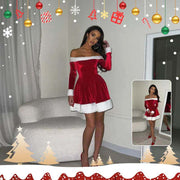 Women's Christmas Costume off-shoulder red velvet Santa dress with white plush trim and nine-quarter sleeves for holiday parties