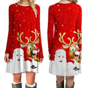 Women's fashion casual red Christmas party dress with Santa and reindeer print, mid-length A-line skirt, loose waist, polyester fiber fabric