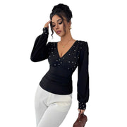 V-neck Pearl Solid Color Long Sleeved Fitted T-shirt Women