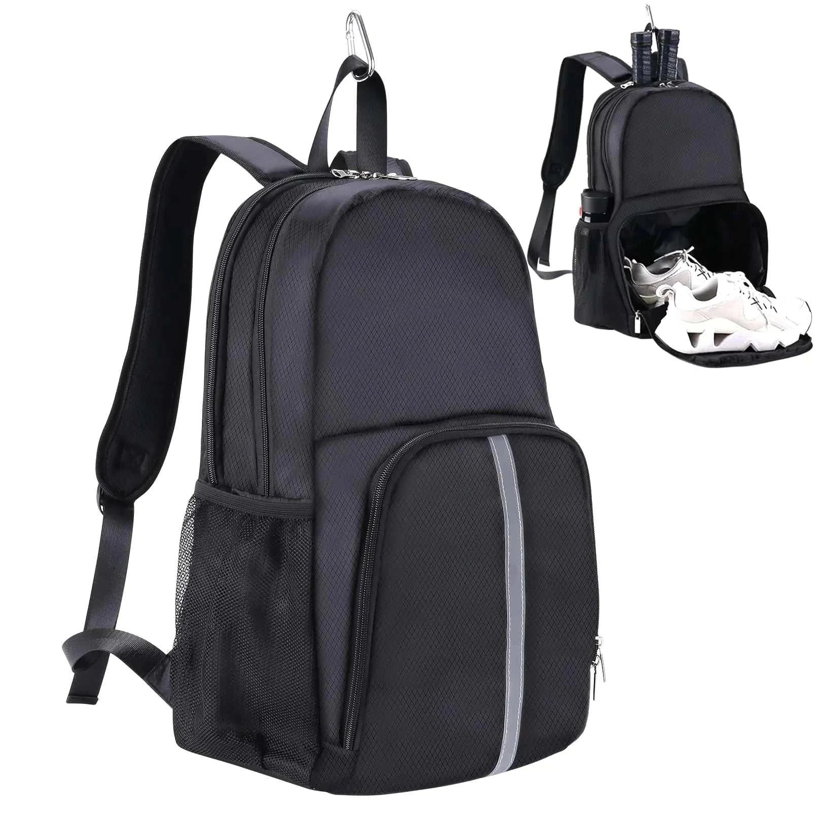 Black SPOENGRU pickleball bag with multiple compartments, shoe storage, reflective strips, and adjustable shoulder straps designed for comfort and durability.