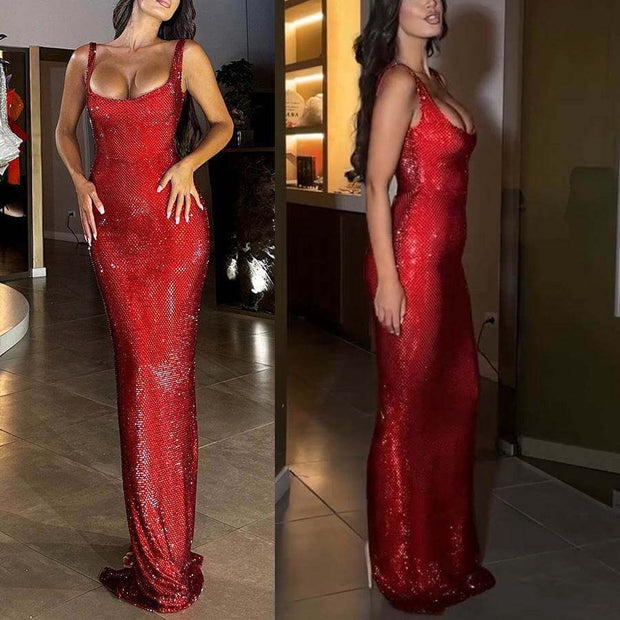 Red party sling sheath dress for women, sleeveless, mid-waist, polyester fabric with zipper detail