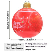 Red inflatable Christmas ball with "Merry Christmas" text and festive snowflake and holly designs, 66x48 cm, outdoor decoration