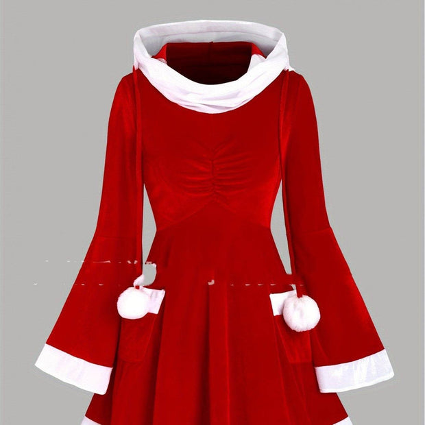 Red Gold Velvet COS Christmas party hooded A-line dress with white trim and pom-poms