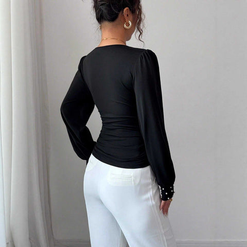 V-neck Pearl Solid Color Long Sleeved Fitted T-shirt Women