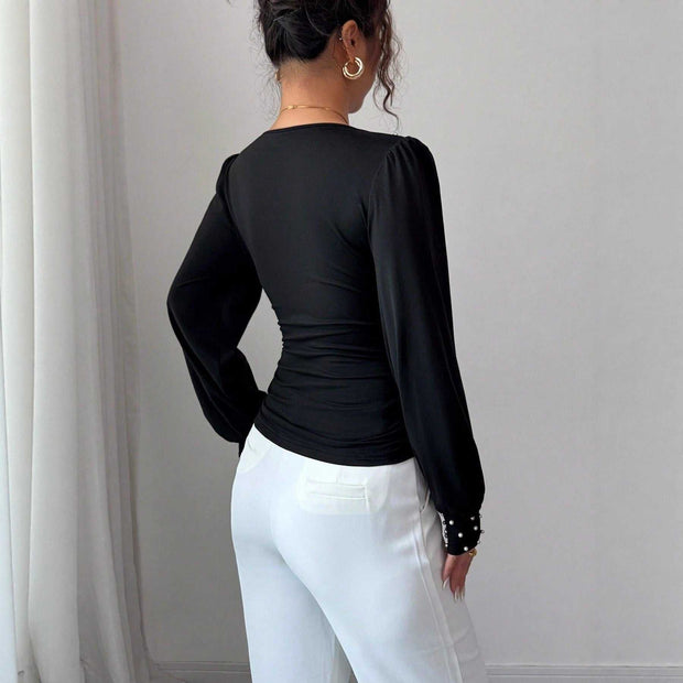 V-neck Pearl Solid Color Long Sleeved Fitted T-shirt Women