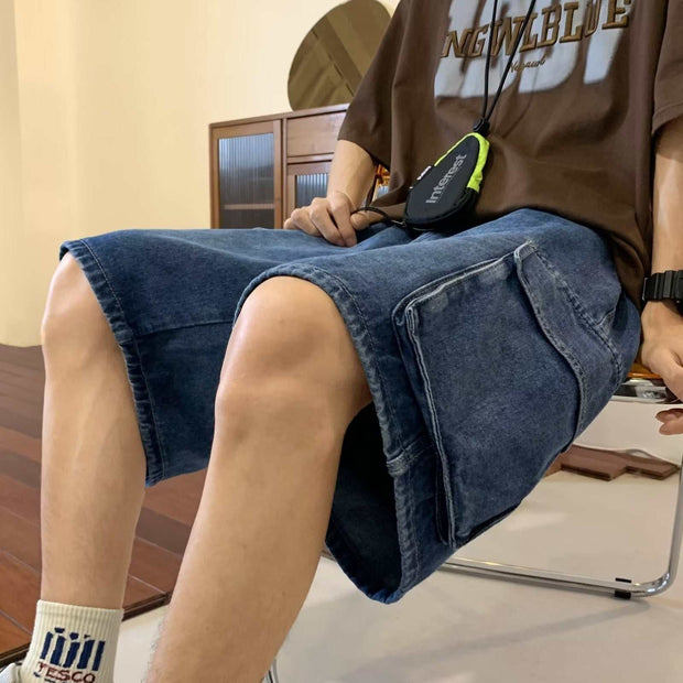 Men's dark blue denim fashion work shorts with side pockets, cotton fabric, casual leisure style
