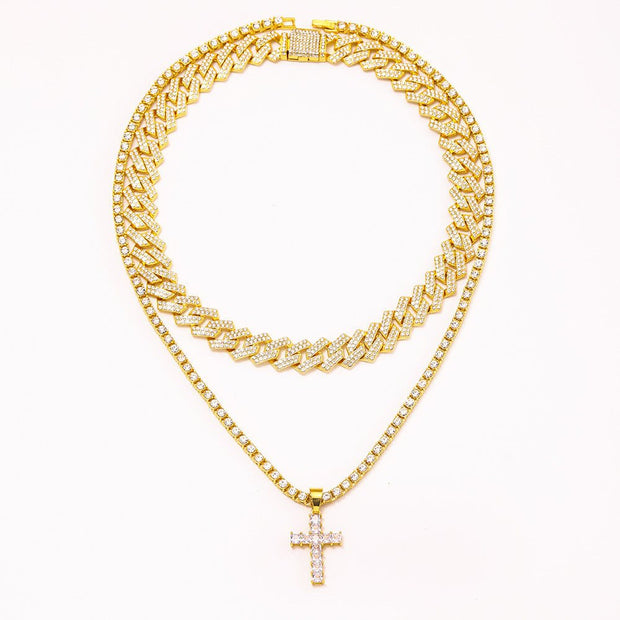 Zircon Cross Pendant Necklace Hip Hop Full Miami Curb Cuban Chain