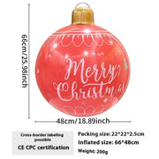 Red inflatable Christmas ball decoration with "Merry Christmas" text, measuring 66x48 cm, suitable for outdoor garden use