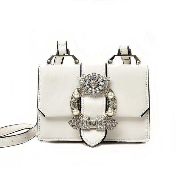 white fashion designer bag with diamond and pearl lock embellishment for women