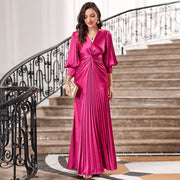 Plus size rose red slim fit lantern sleeve evening dress with high waist and pleated skirt