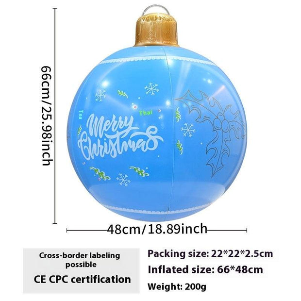 Blue inflatable Christmas ball decoration with "Merry Christmas" text and holly design, 66x48cm outdoor garden ornament
