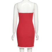 Red tight-fitting sleeveless Christmas annual party dress with high waist and rabbit fur trim on mannequin back view