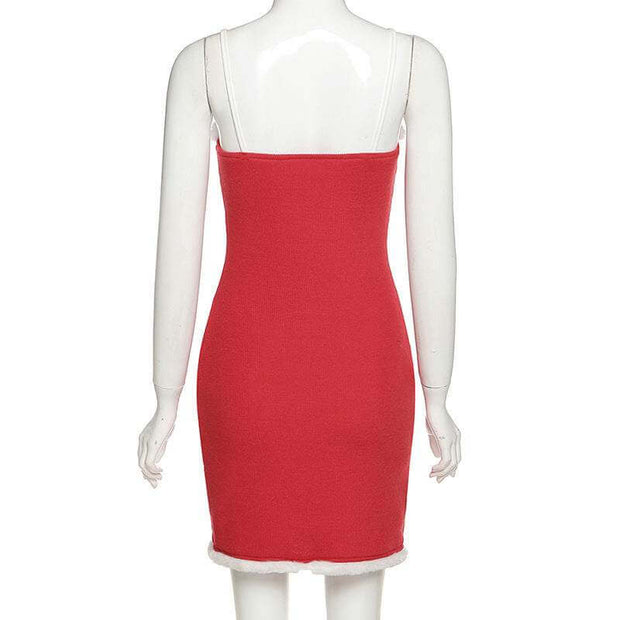 Red tight-fitting sleeveless Christmas annual party dress with high waist and rabbit fur trim on mannequin back view