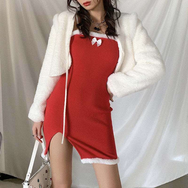 Sexy red Christmas annual party dress with split hip and white fur trim, paired with a white fuzzy jacket