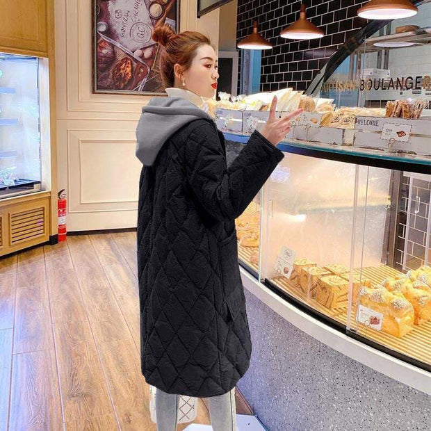 All-matching Cotton-padded Women's Over-the-knee Rhombus Plaid Loose Plus Size Hooded Jacket