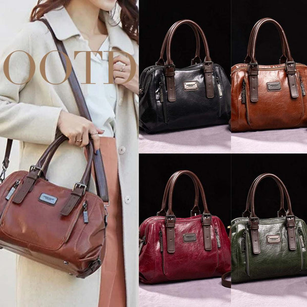 Women's genuine leather crossbody bags in black, brown, purplish red, and olive green, stylish and comfortable shoulder totes for daily use