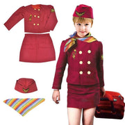 Children's Captain Clothing red nylon stewardess costume set with jacket, skirt, hat, and colorful scarf for holiday performance wear