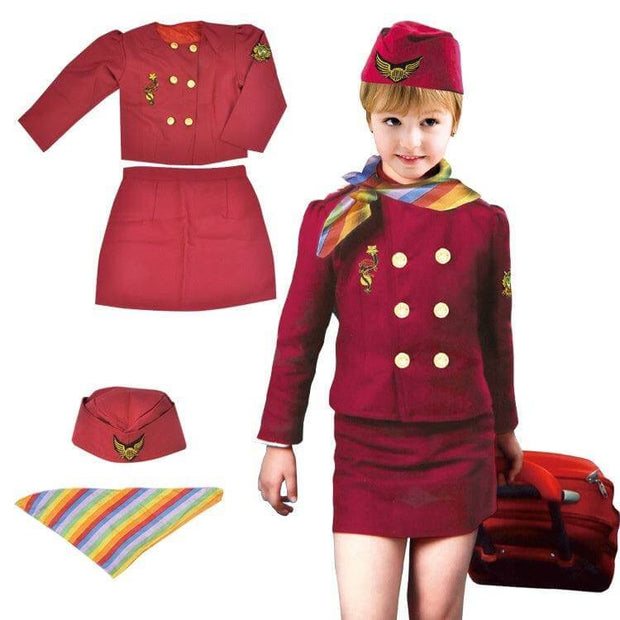 Children's Captain Clothing red nylon stewardess costume set with jacket, skirt, hat, and colorful scarf for holiday performance wear