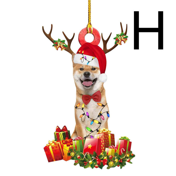 Christmas wooden pendant decoration featuring a dog with antlers, Santa hat, Christmas lights, and gift boxes