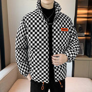 Men's black and white chessboard pattern down cotton-padded thick warm jacket with stand collar
