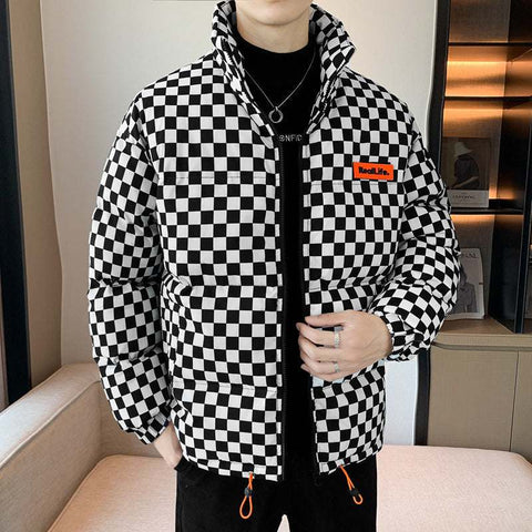 Men's black and white chessboard pattern down cotton-padded thick warm jacket with stand collar