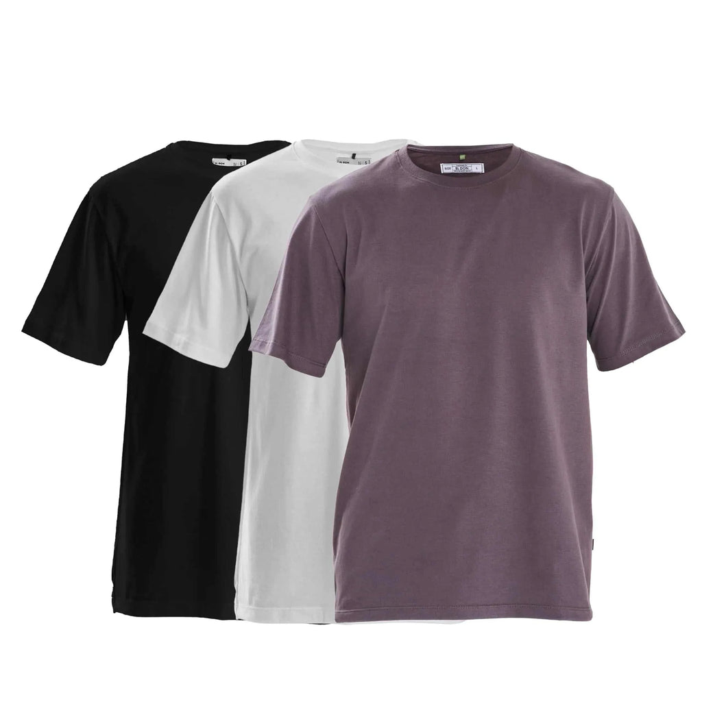 Set of premium men's oversized round neck t-shirts in black, white, and purple, made from soft cotton-polyester blend