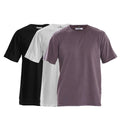 Set of premium men's oversized round neck t-shirts in black, white, and purple, made from soft cotton-polyester blend