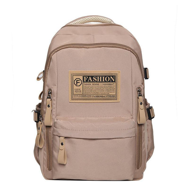 Solid multi-pocket nylon backpack for junior high students, large capacity, beige color, Korean style schoolbag