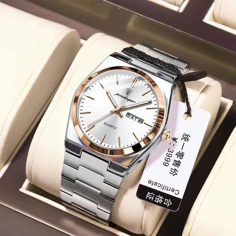 Ultra-thin Men's Watch Waterproof Luminous Quartz Watch displayed in elegant packaging with a silver and gold design.