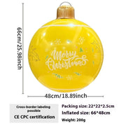 Inflatable yellow Christmas ball decoration with "Merry Christmas" text and snowflake designs, 66x48cm outdoor garden ornament